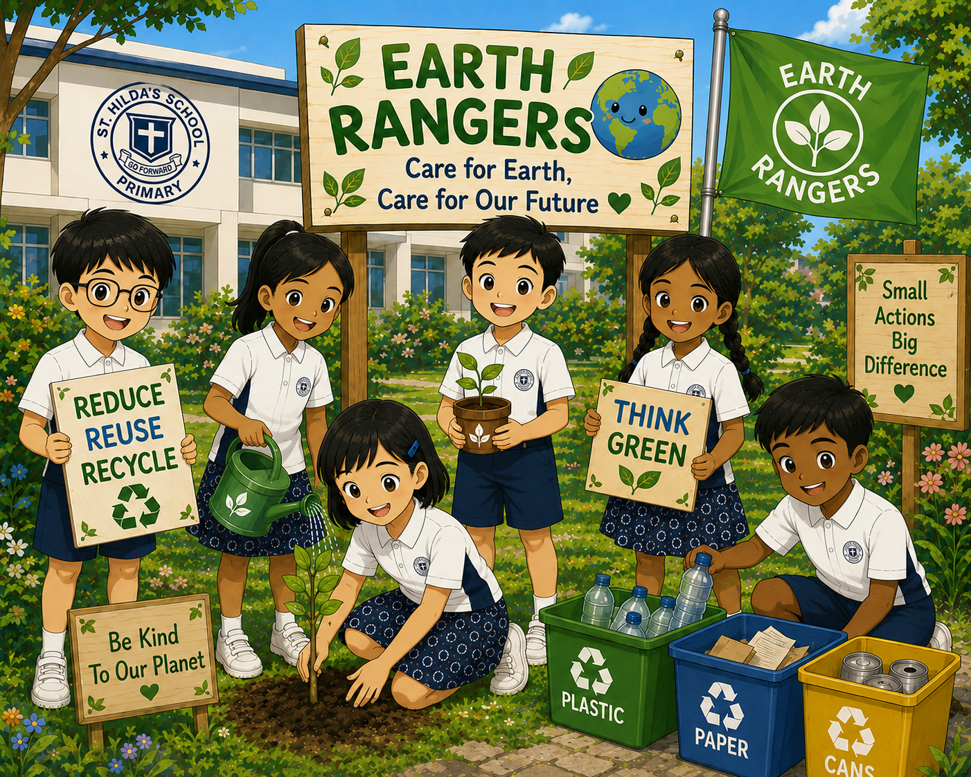 Illustration of six primary school pupils participating in the Earth Rangers Club, planting a tree, watering plants, and sorting recyclable materials into plastic, paper, and cans. Signs promote caring for the Earth, reducing, reusing and recycling, and making small actions that create a big difference.